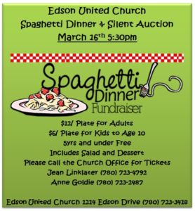 Spaghetti Dinner & Silent Auction @ Edson United Church  | Edson | Alberta | Canada